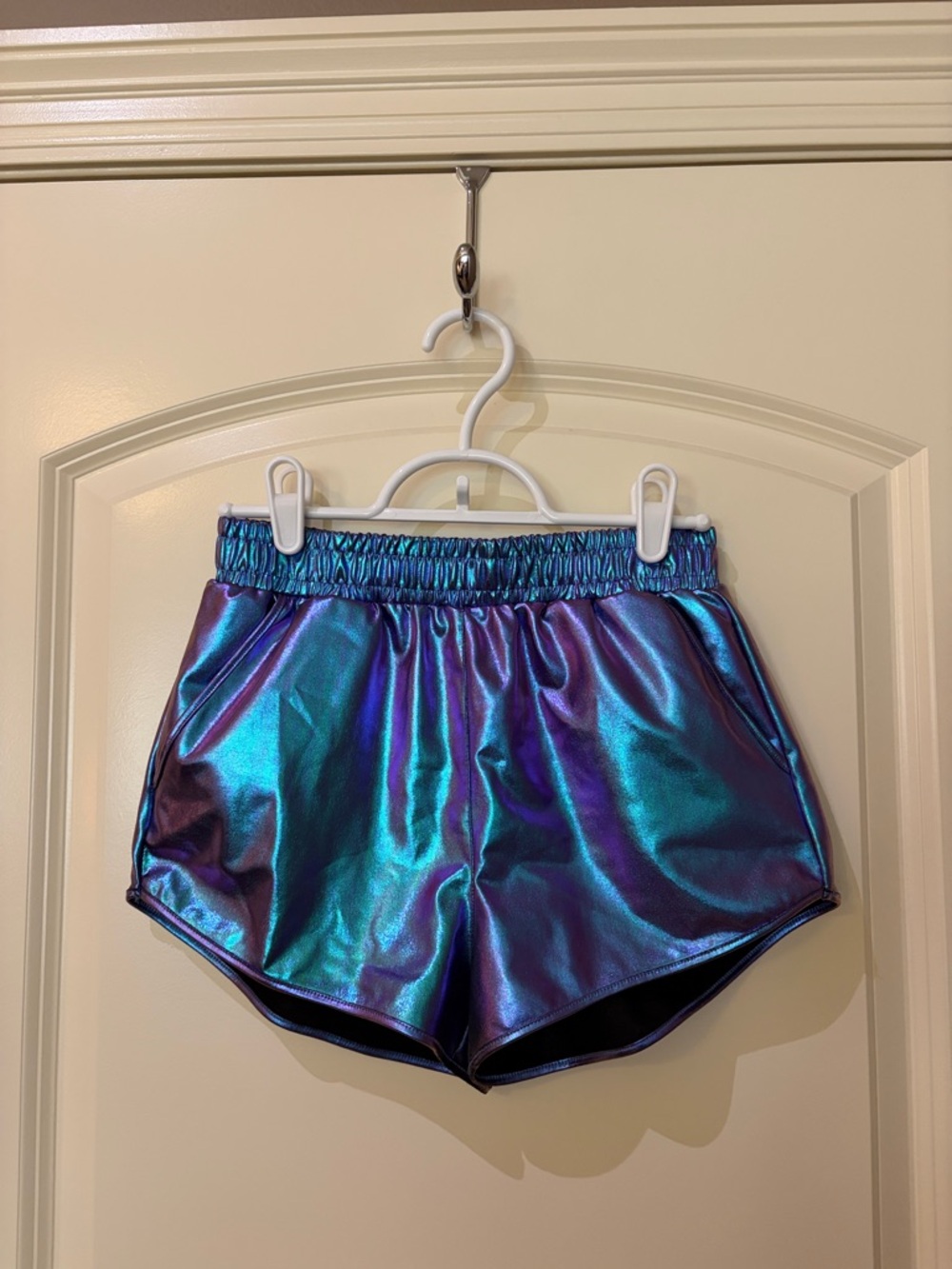 YOUTH Iridescent Metallic Shorts in Blue-Purple